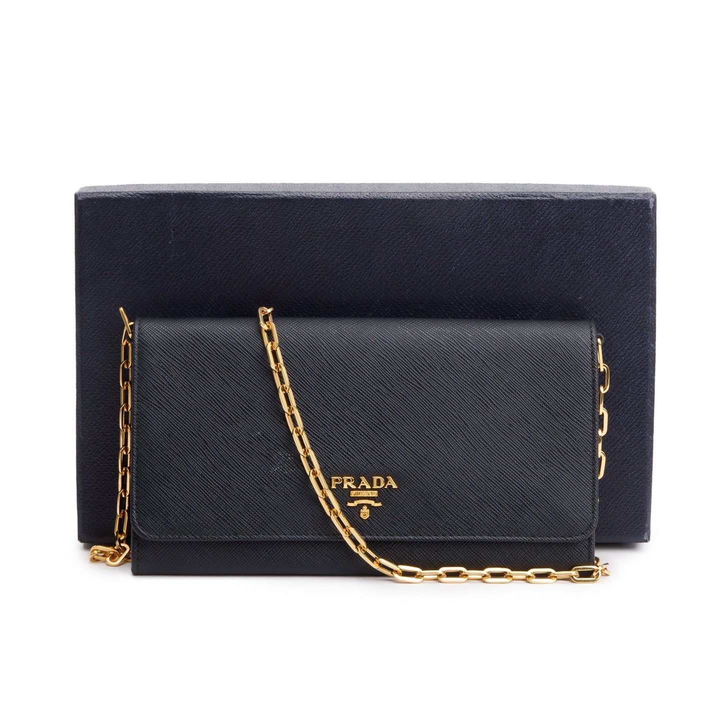 Prada Black Saffiano Metal Continental Wallet on Chain