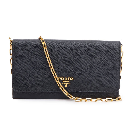 Prada Black Saffiano Metal Continental Wallet on Chain