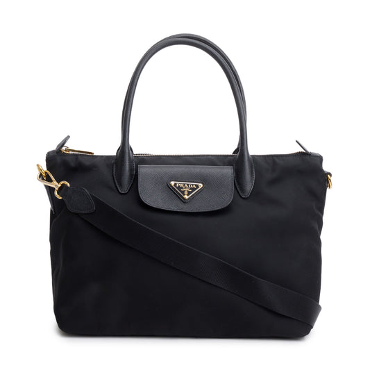 Prada Black Saffiano-Trimmed Tessuto Nylon Handle Tote