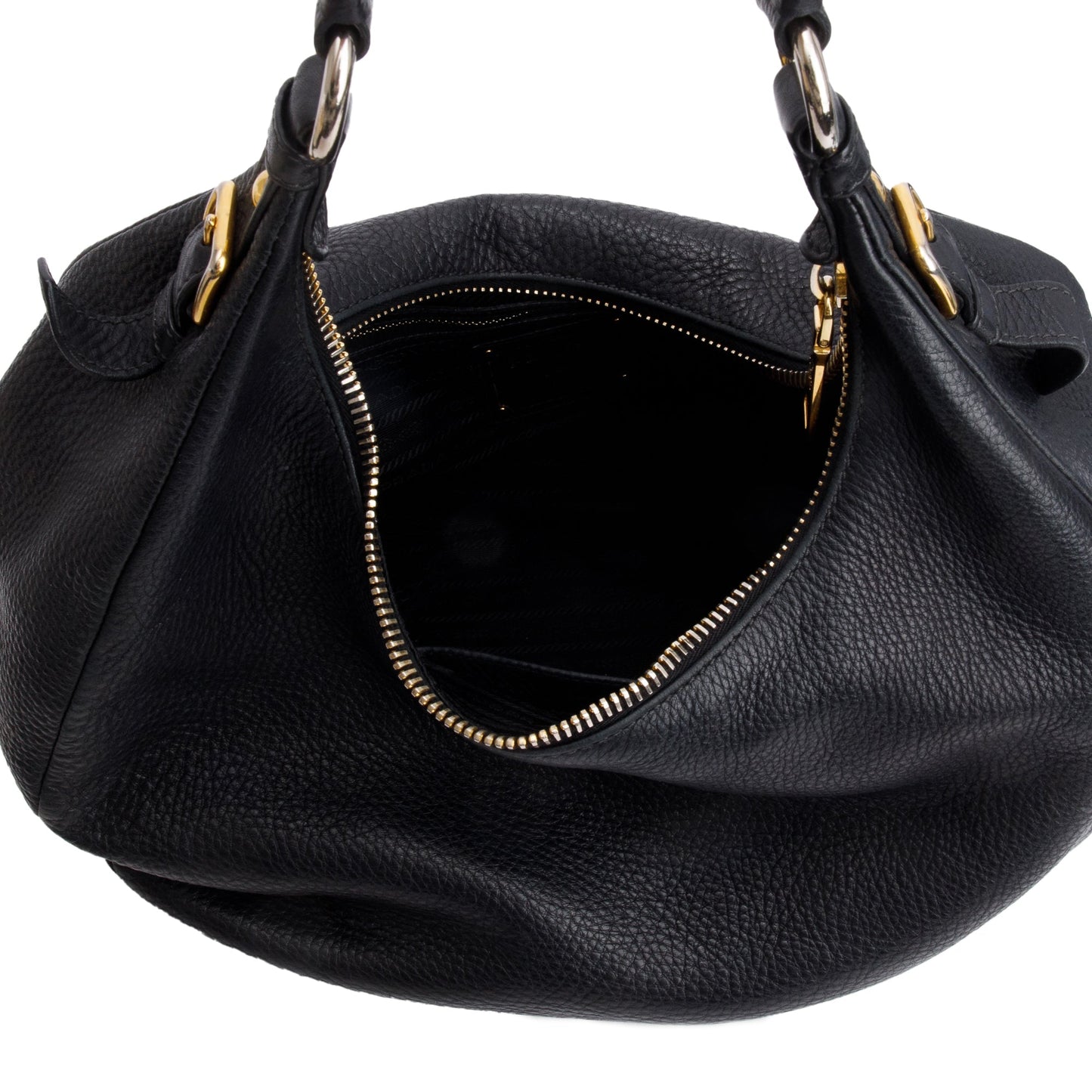Prada Black Vitello Daino Leather Zip Top Hobo