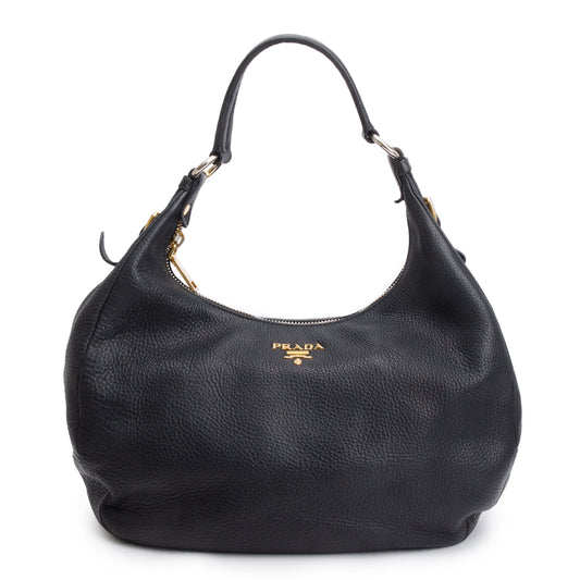 Prada Black Vitello Daino Leather Zip Top Hobo