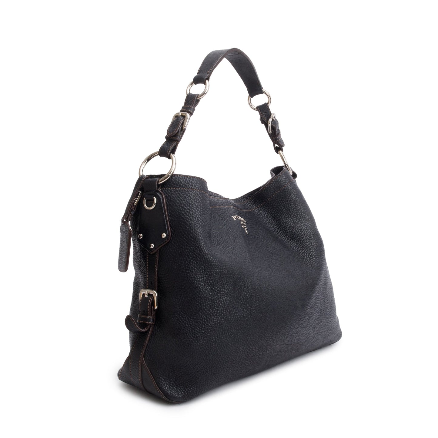 Prada Black Vitello Daino Medium Logo Hobo Bag