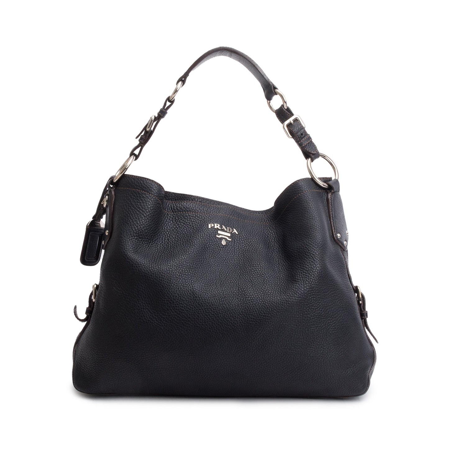 Prada Black Vitello Daino Medium Logo Hobo Bag
