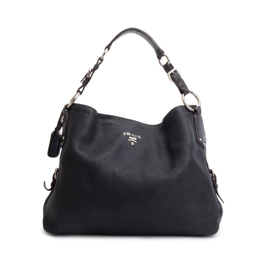 Prada Black Vitello Daino Medium Logo Hobo Bag