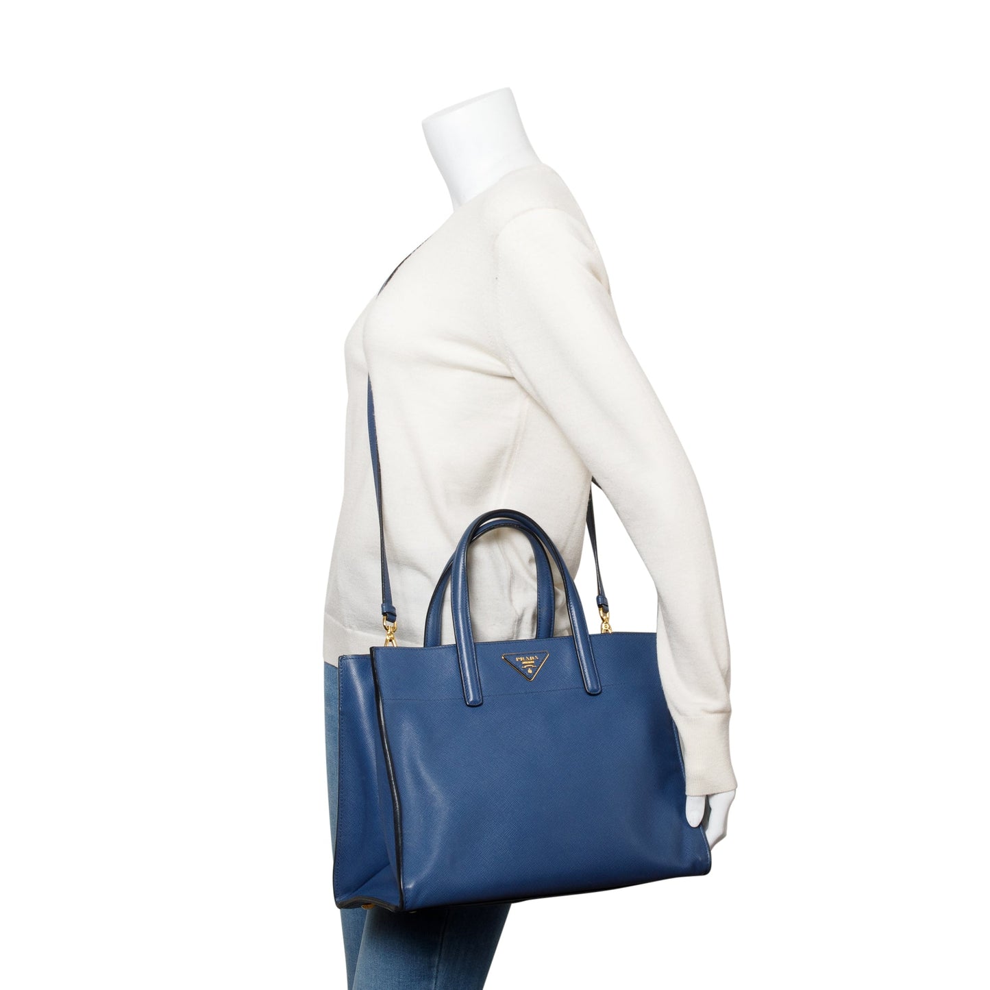 Prada Blue Saffiano Soft Leather Top Handle Tote