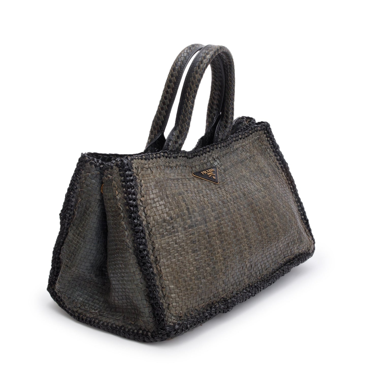 Prada Grey Madras Woven Medium Tote