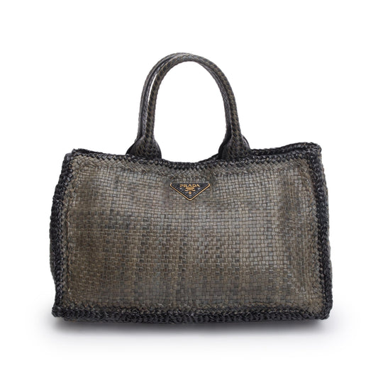 Prada Grey Madras Woven Medium Tote
