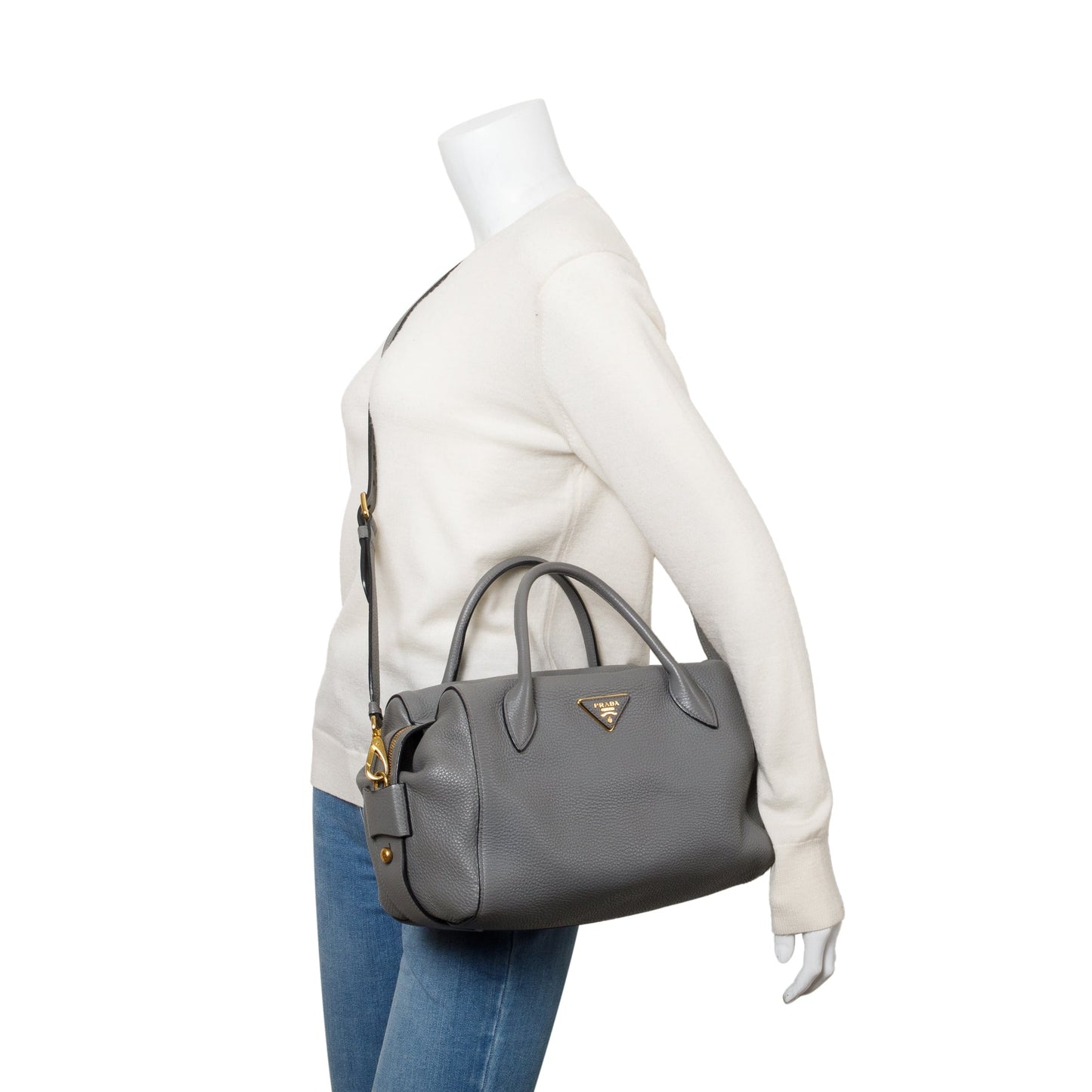 Prada Grey Vitello Daino Leather Baulleto Tote