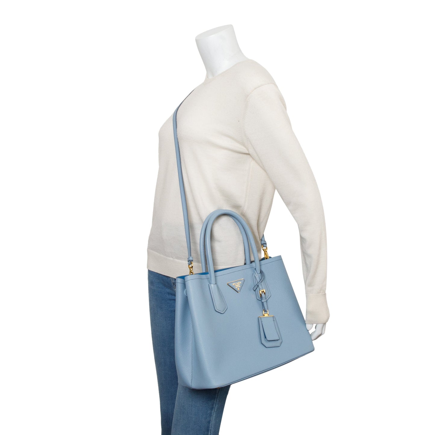 Prada Light Blue Saffiano Lux Medium Cuir Double Tote