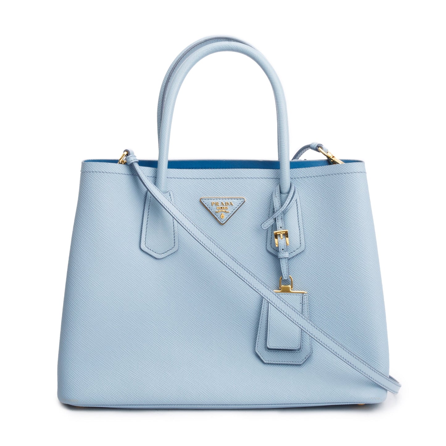 Prada Light Blue Saffiano Lux Medium Cuir Double Tote