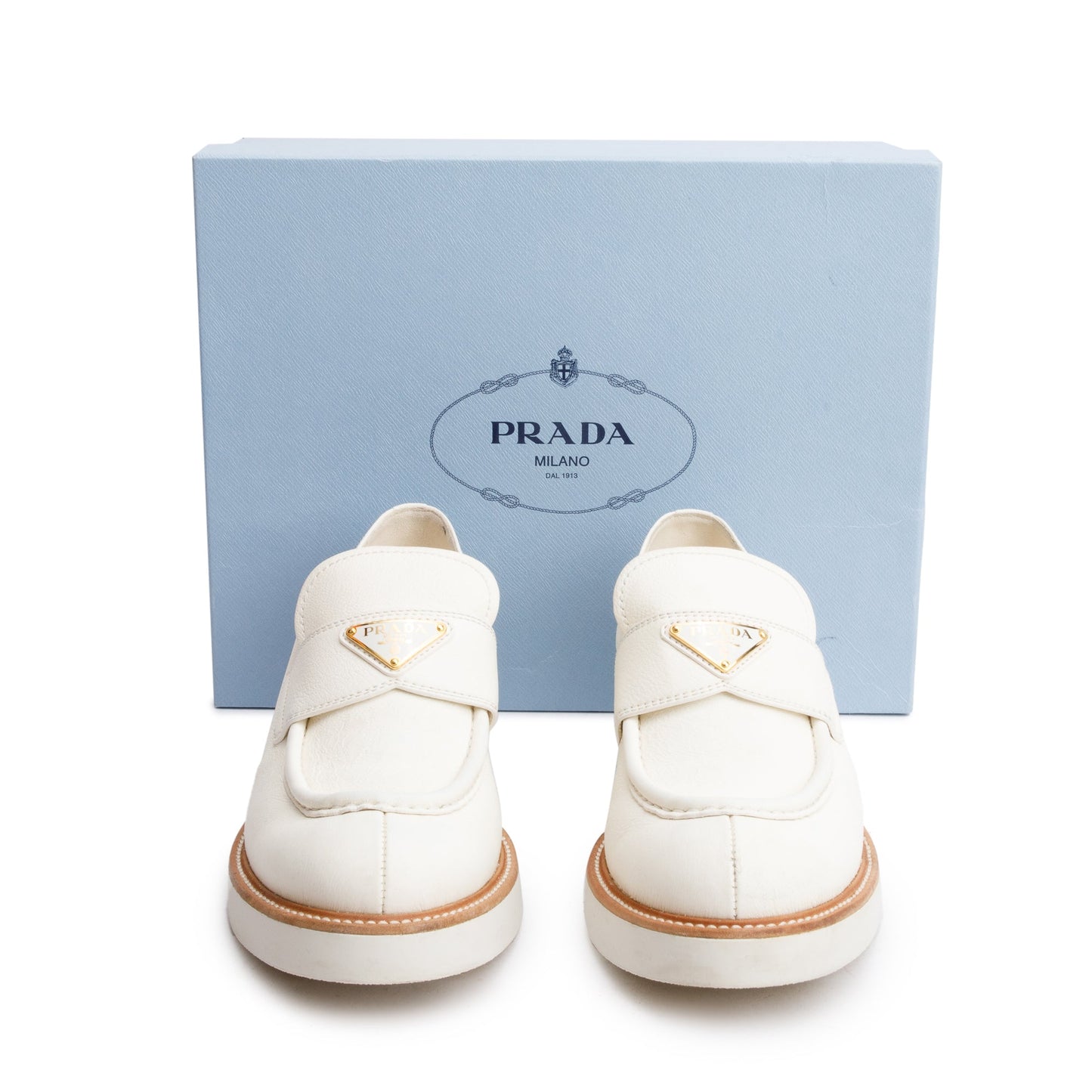 Prada Neutral Pumise Stone Leather Signature Logo Loafers, Size 41