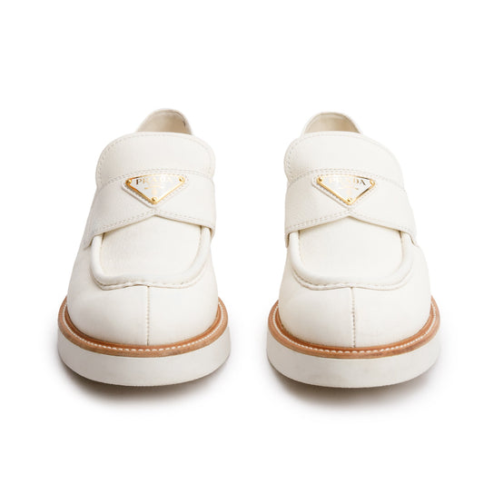 Prada Neutral Pumise Stone Leather Signature Logo Loafers, Size 41