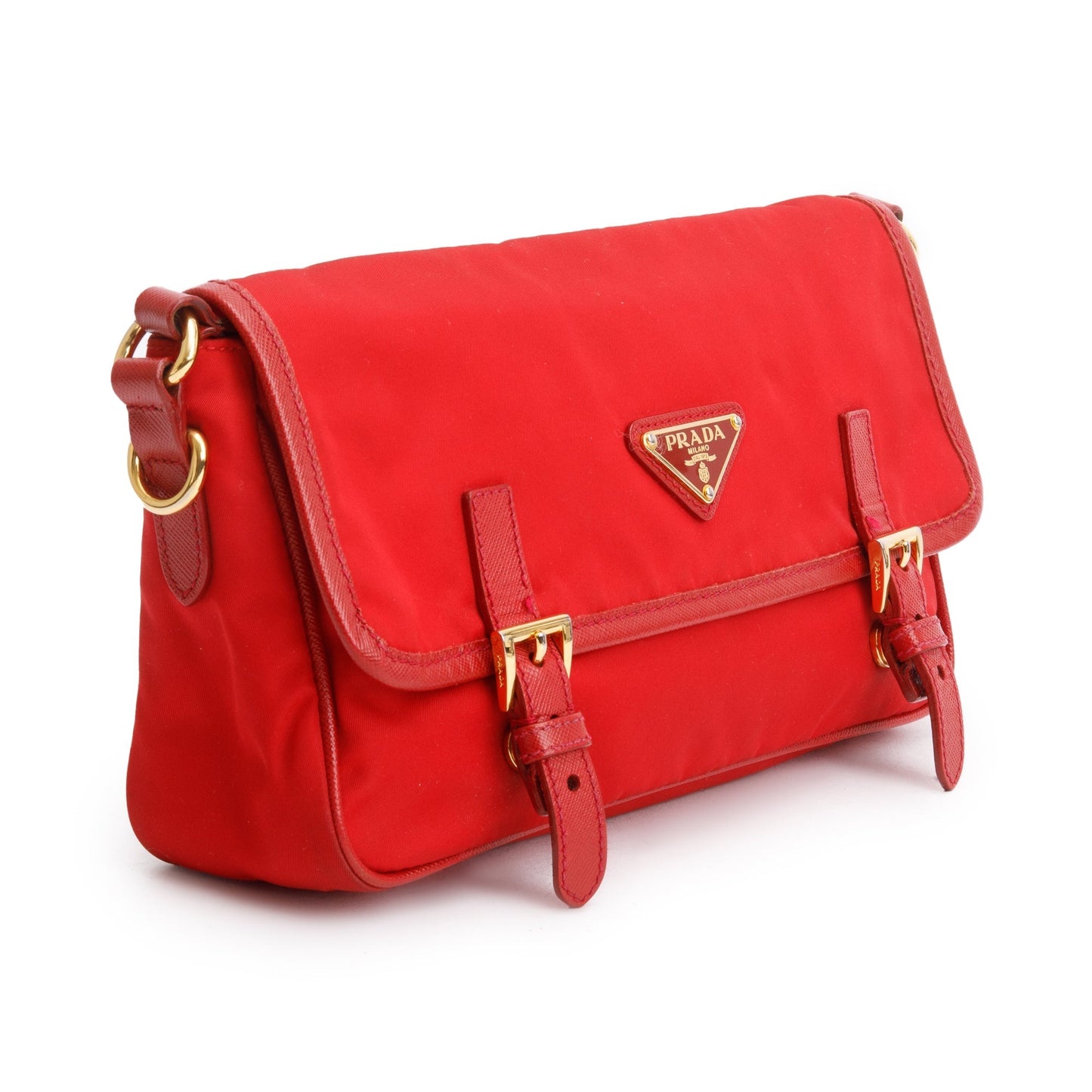 Prada Red Saffiano-Trimmed Tessuto Nylon Double Buckle Crossbody Bag