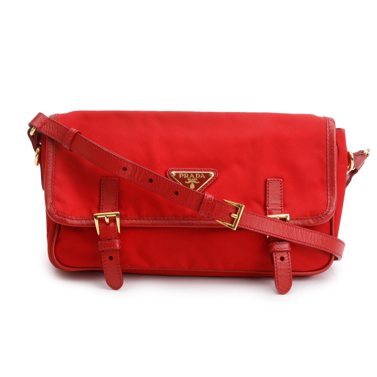 Prada Red Saffiano-Trimmed Tessuto Nylon Double Buckle Crossbody Bag