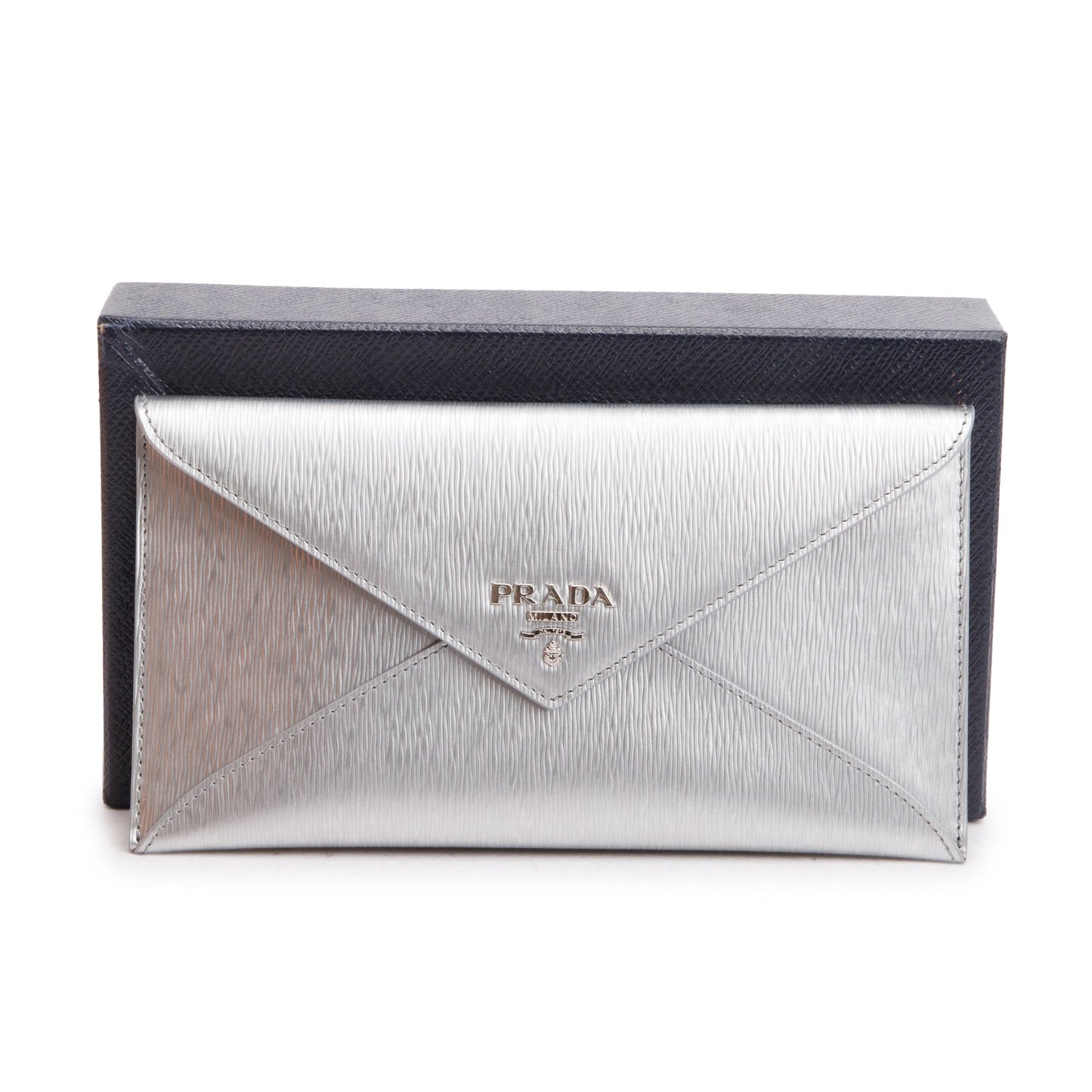 Prada Silver Metallic Vitello Move Leather Envelope Wallet