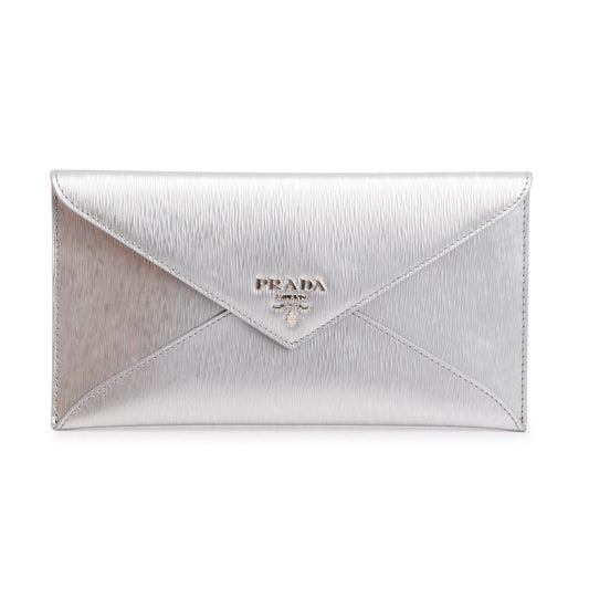Prada Silver Metallic Vitello Move Leather Envelope Wallet