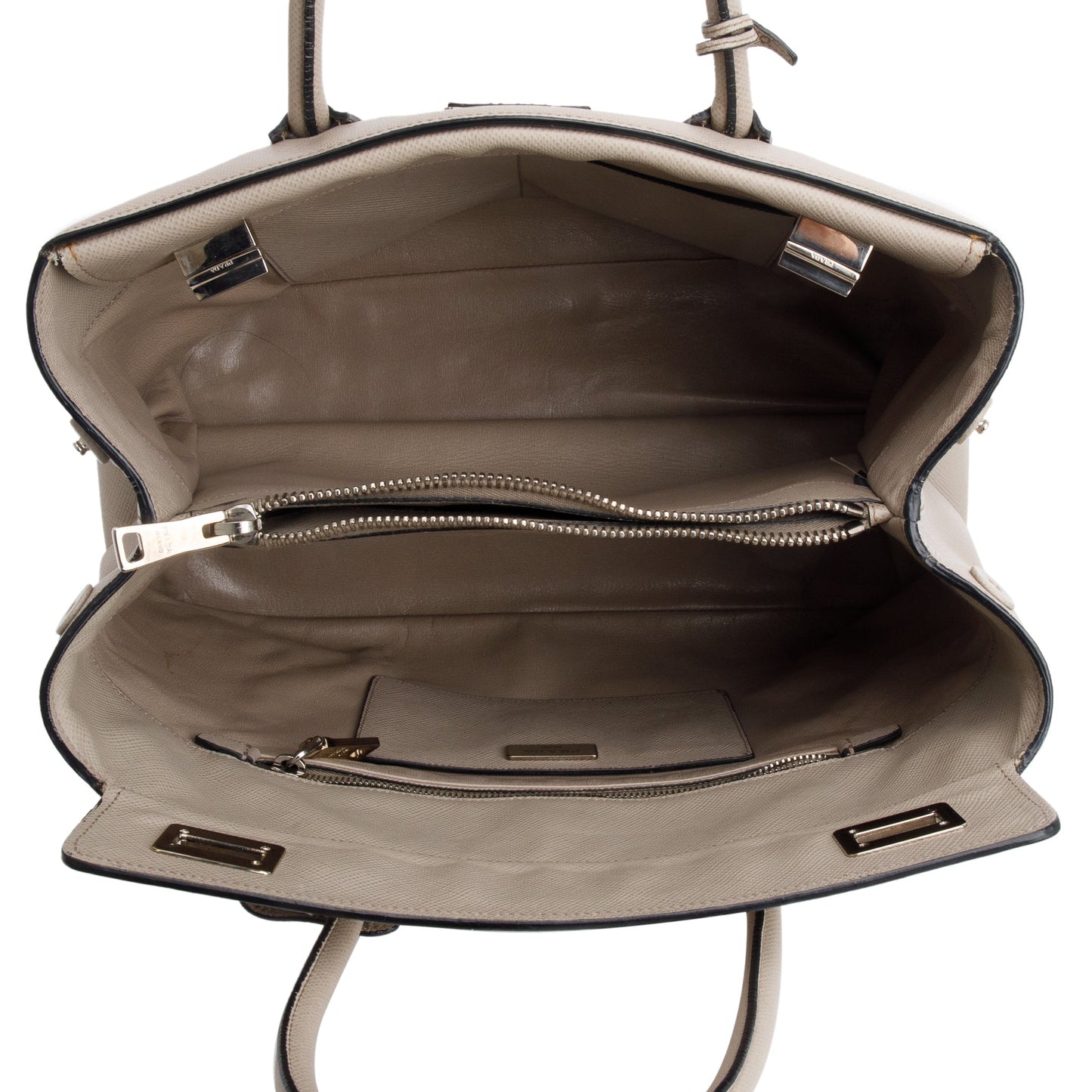 Prada Taupe Saffiano Cuir Medium Turnlock Twin Tote