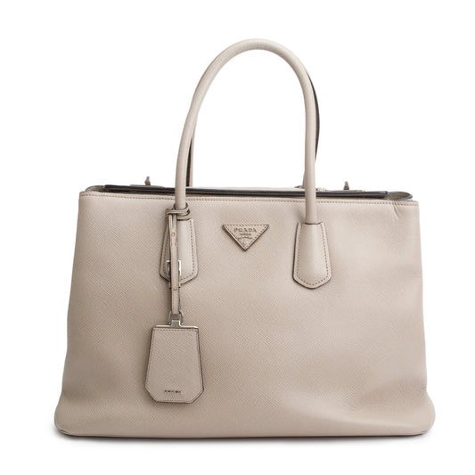 Prada Taupe Saffiano Cuir Medium Turnlock Twin Tote