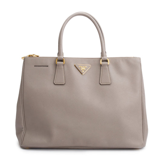 Prada Taupe Saffiano Lux Large Double Zip Galleria Tote
