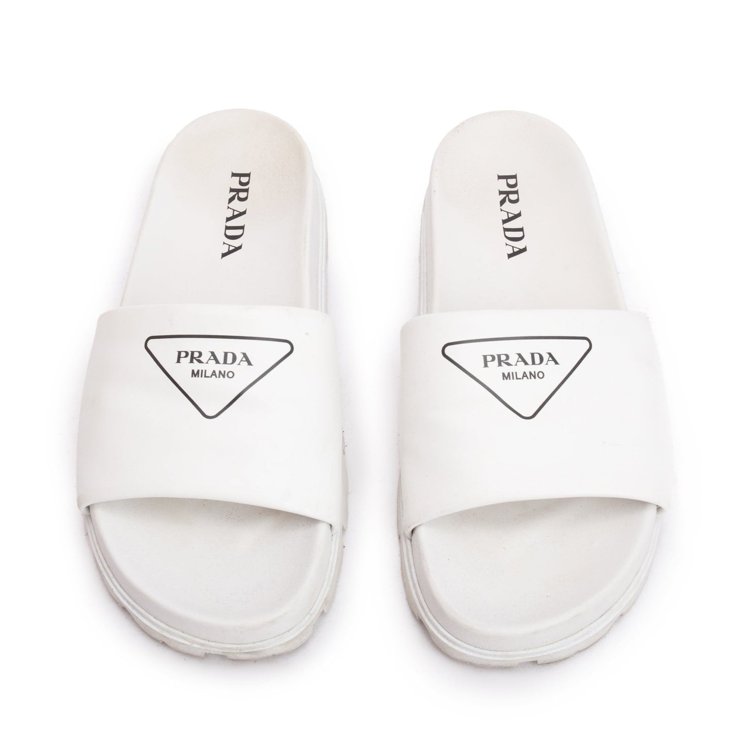Prada White Graphic Print Leather Slide Sandals, Size 38.5