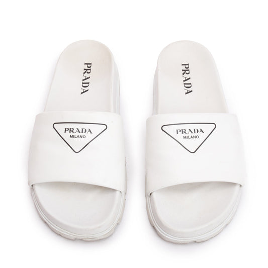 Prada White Graphic Print Leather Slide Sandals, Size 38.5