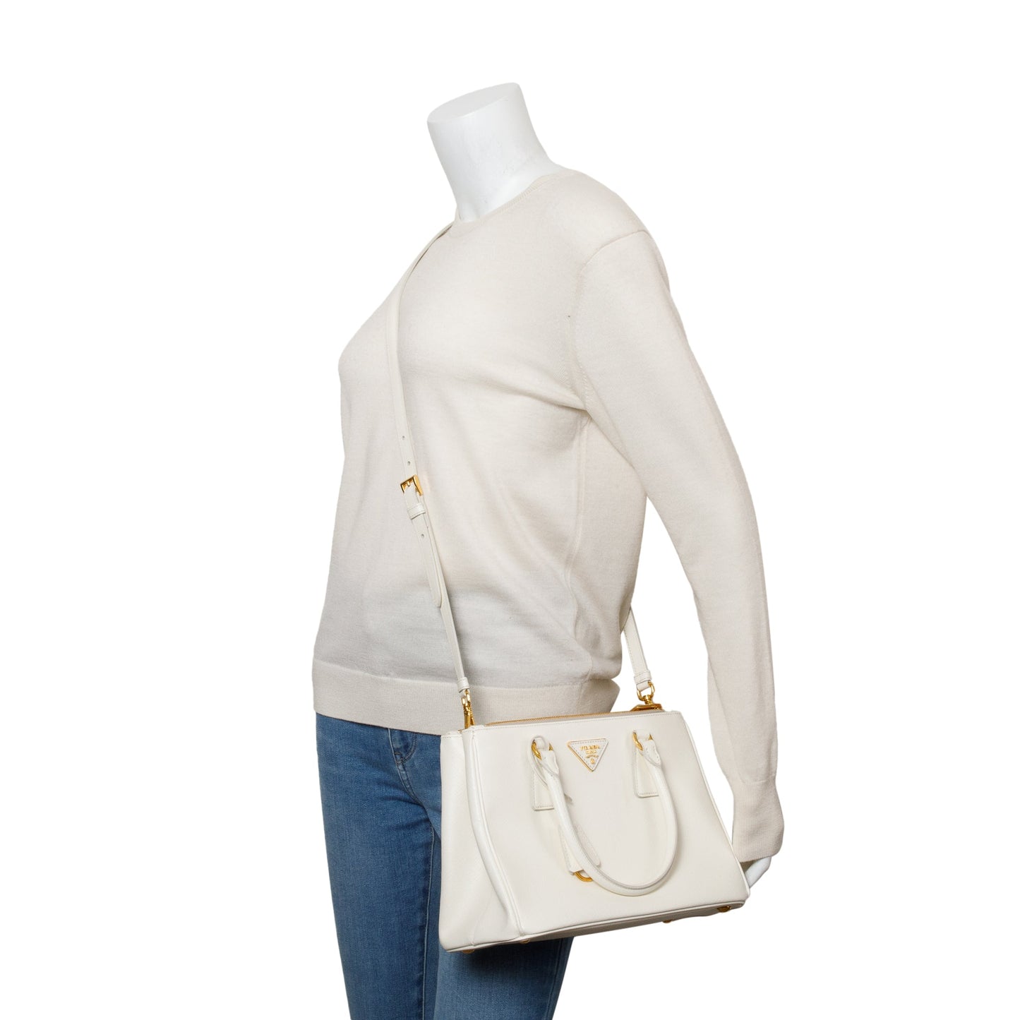 Prada White Saffiano Leather Small Double Zip Galleria Tote