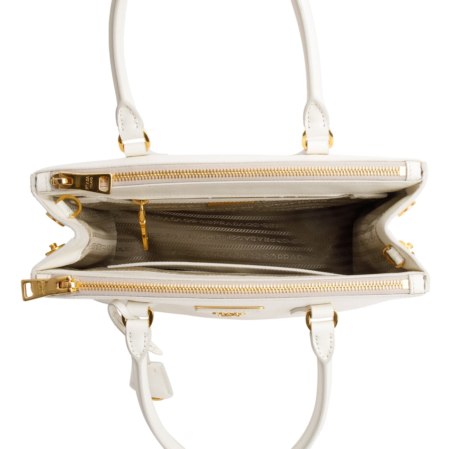 Prada White Saffiano Leather Small Double Zip Galleria Tote