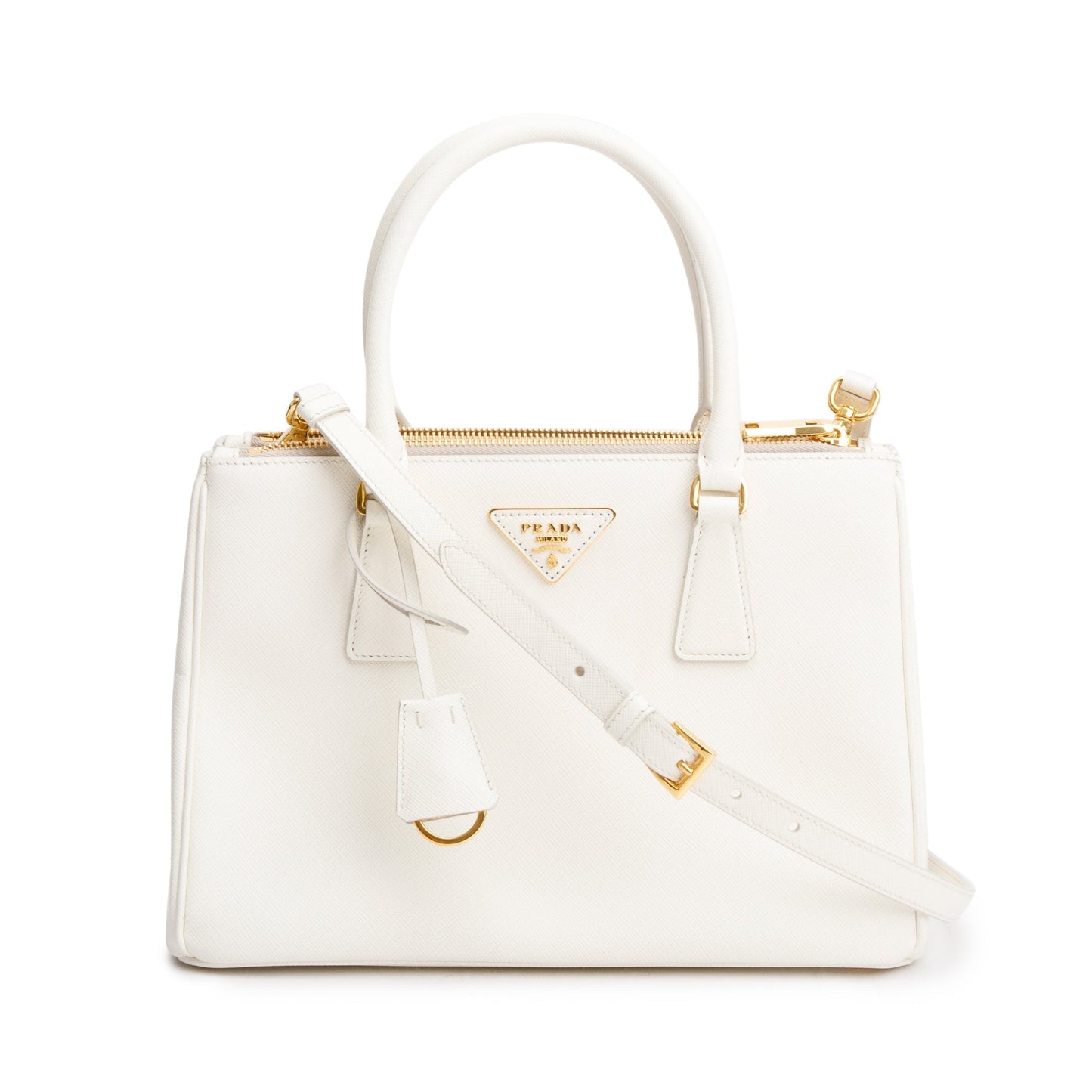 Prada White Saffiano Leather Small Double Zip Galleria Tote