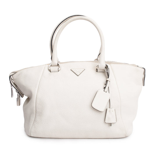 Prada White Vitello Daino Leather Zip Tote