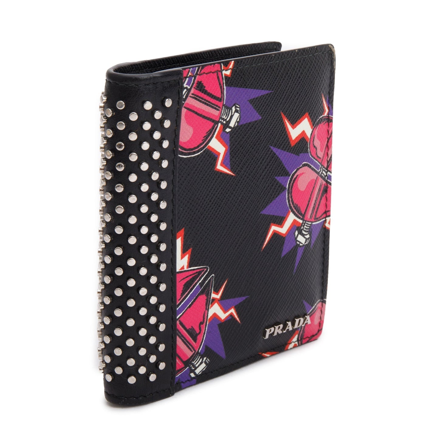 Prada X Universal Studios Black Multicolor Saffiano Leather Frankenstein Heart Studded Bifold Wallet