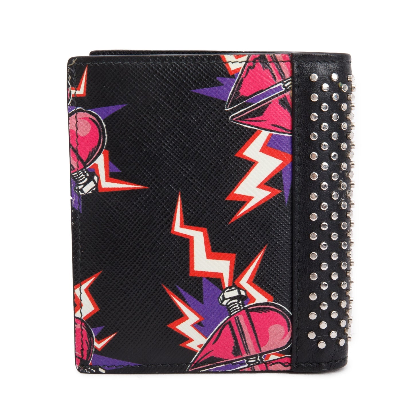 Prada X Universal Studios Black Multicolor Saffiano Leather Frankenstein Heart Studded Bifold Wallet