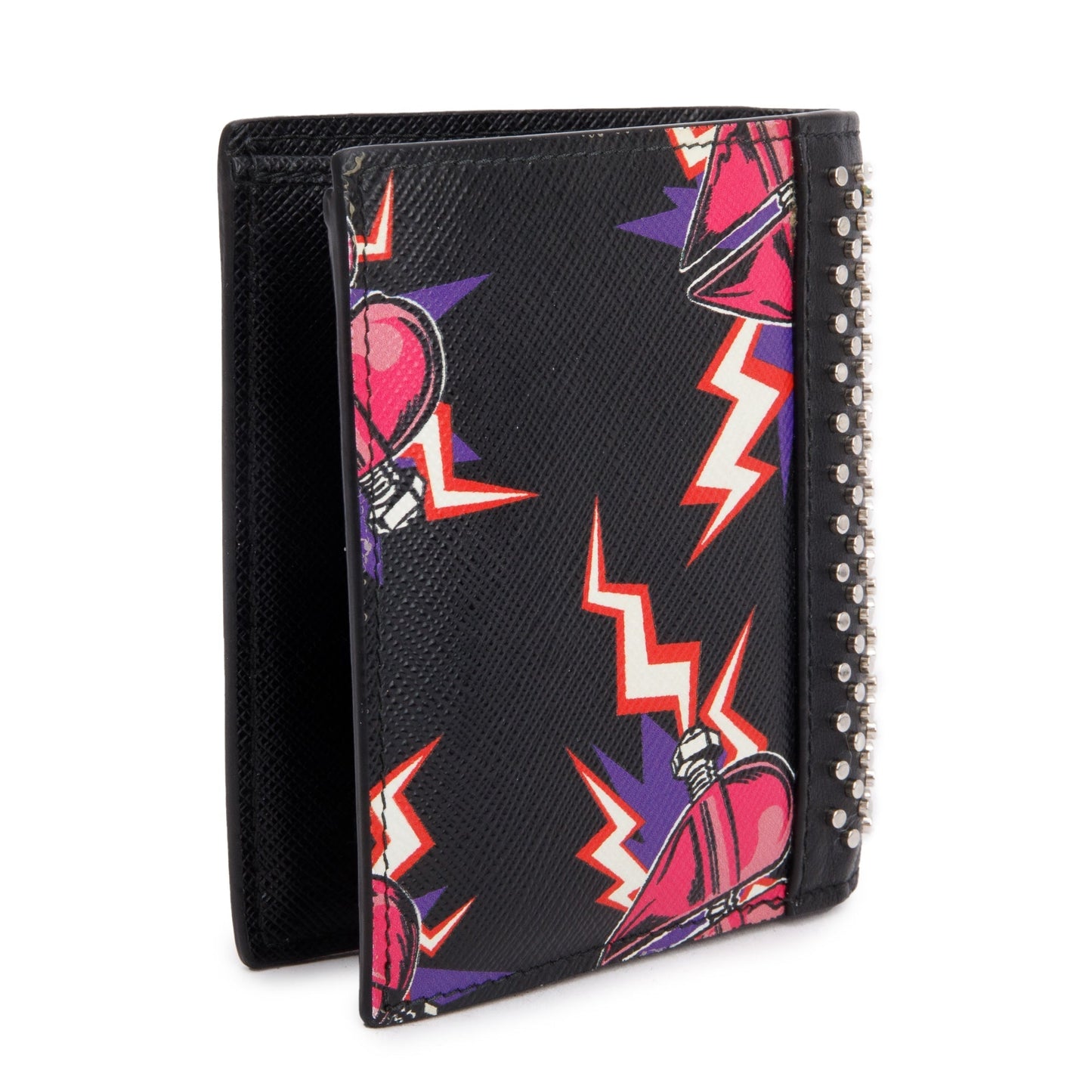 Prada X Universal Studios Black Multicolor Saffiano Leather Frankenstein Heart Studded Bifold Wallet