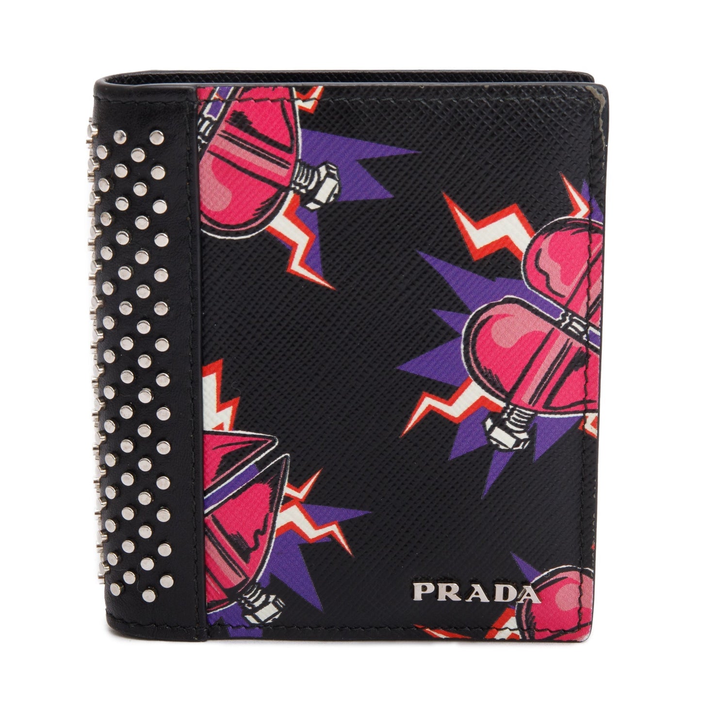 Prada X Universal Studios Black Multicolor Saffiano Leather Frankenstein Heart Studded Bifold Wallet