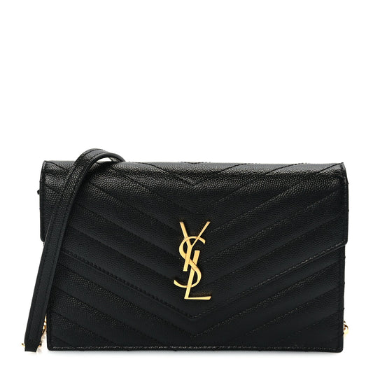 Saint Laurent Grain De Poudre Matelasse Chevron Monogram Envelope Chain Wallet Black