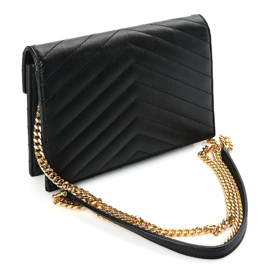 Saint Laurent Grain De Poudre Matelasse Chevron Monogram Envelope Chain Wallet Black