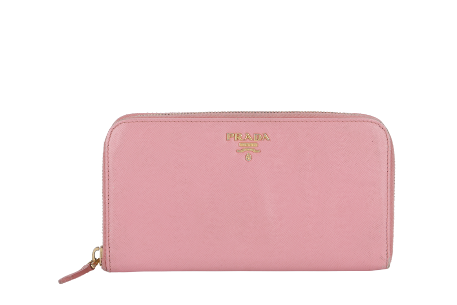 PRADA ZIP AROUND LONG WALLET PINK SAFFIANO LEATHER GOLD HARDWARE WITH BOX