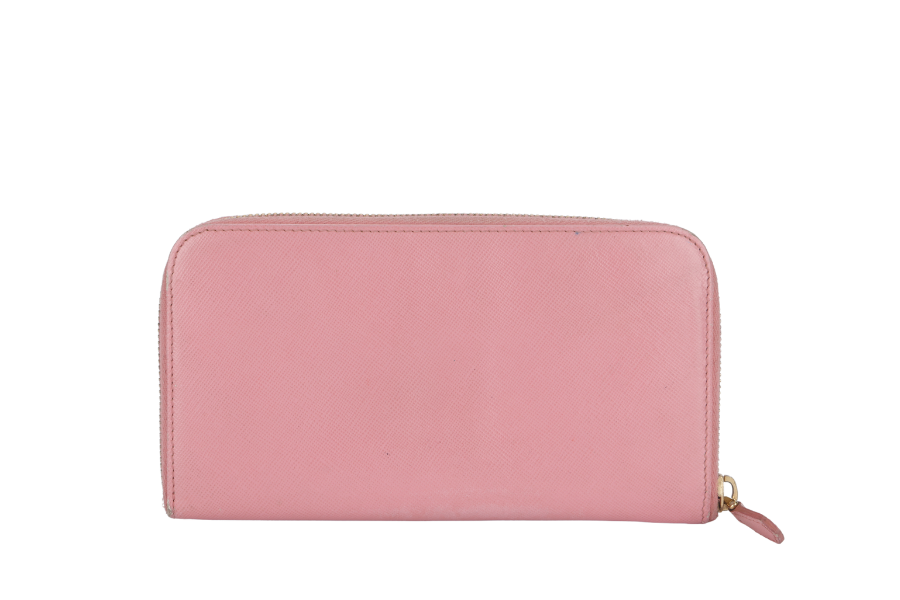 PRADA ZIP AROUND LONG WALLET PINK SAFFIANO LEATHER GOLD HARDWARE WITH BOX