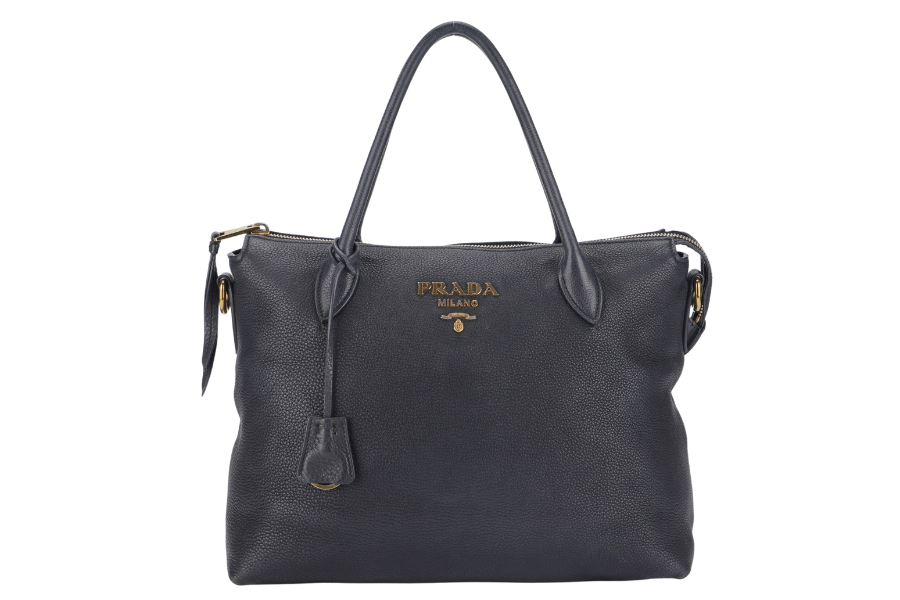 PRADA VITELLO MEDIUM BLACK LEATHER 2WAYS BAG GOLD HARDWARE WITH STRAP