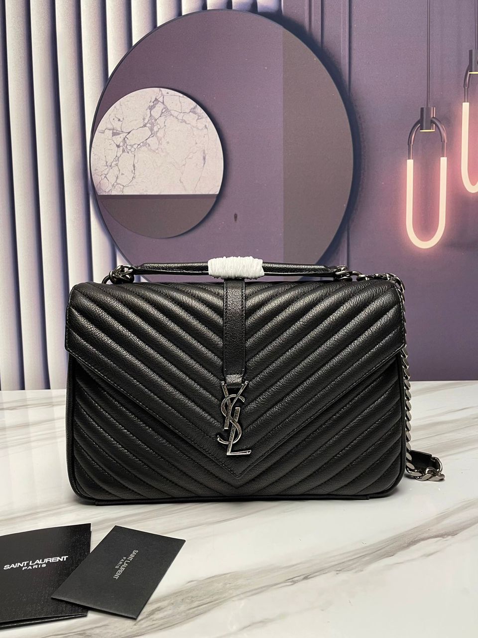 Top Quality College Large Chain Bag Black With Silver Toned Hardware For Women 12.6in/32cm YSL 600278BRM041000