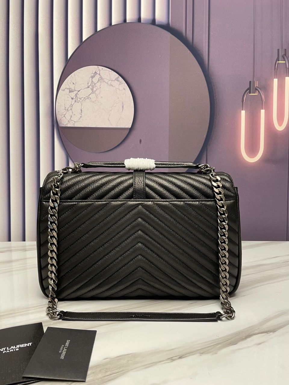 YSSL College Large Chain Bag Black With Silver Toned Hardware For Women 12in/32cm YSL 600278BRM041000