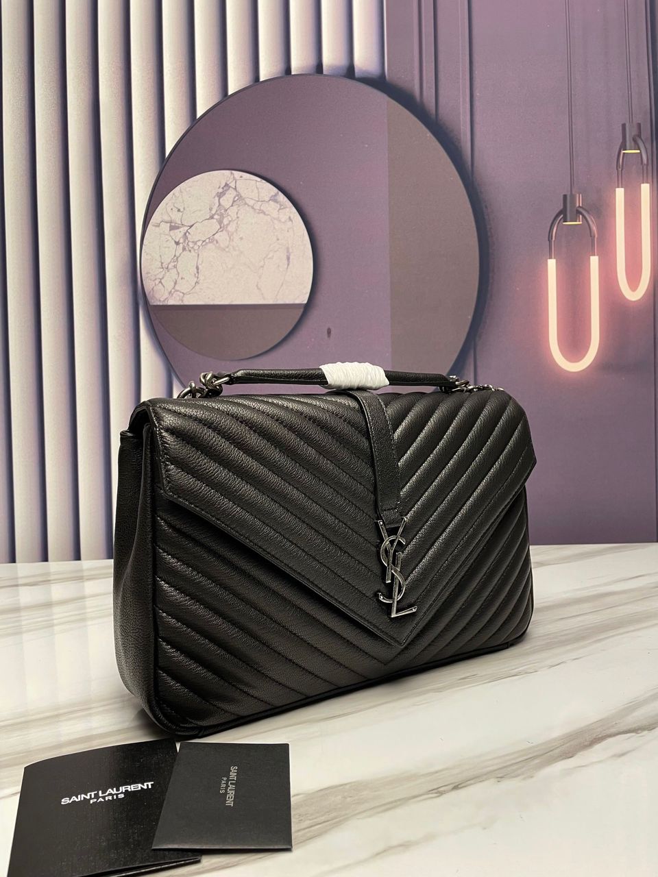 YSSL College Large Chain Bag Black With Silver Toned Hardware For Women 12in/32cm YSL 600278BRM041000