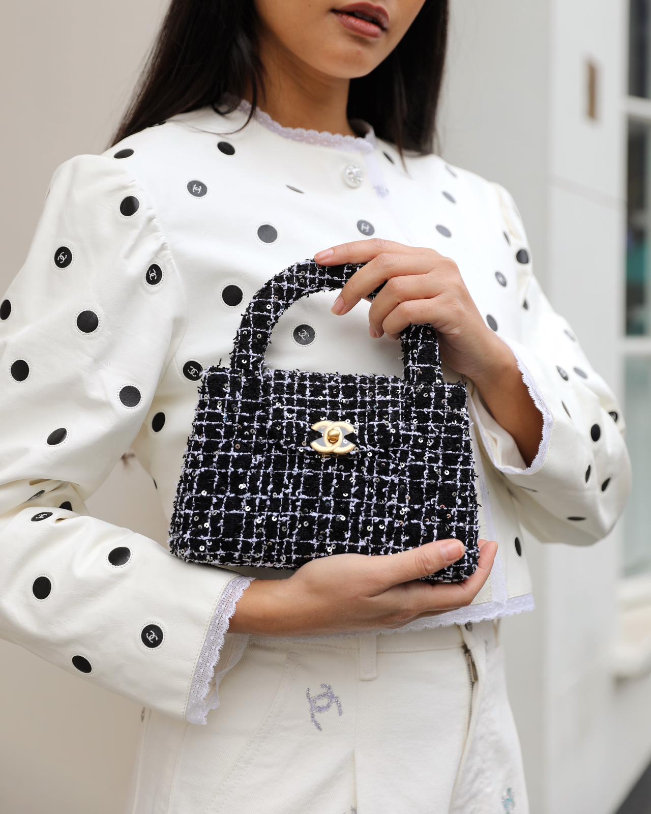 *HOT & RARE* Chanel Black & White Tweed and Sequin Small Kelly Bag with Brushed Antique Gold Hardware