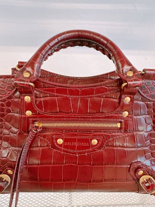 Luxury Balenciaga Trending 2025 Women s Burgundy Neo Classic Croc Calf Leather Mini City Bag 638524 23EF1 6526