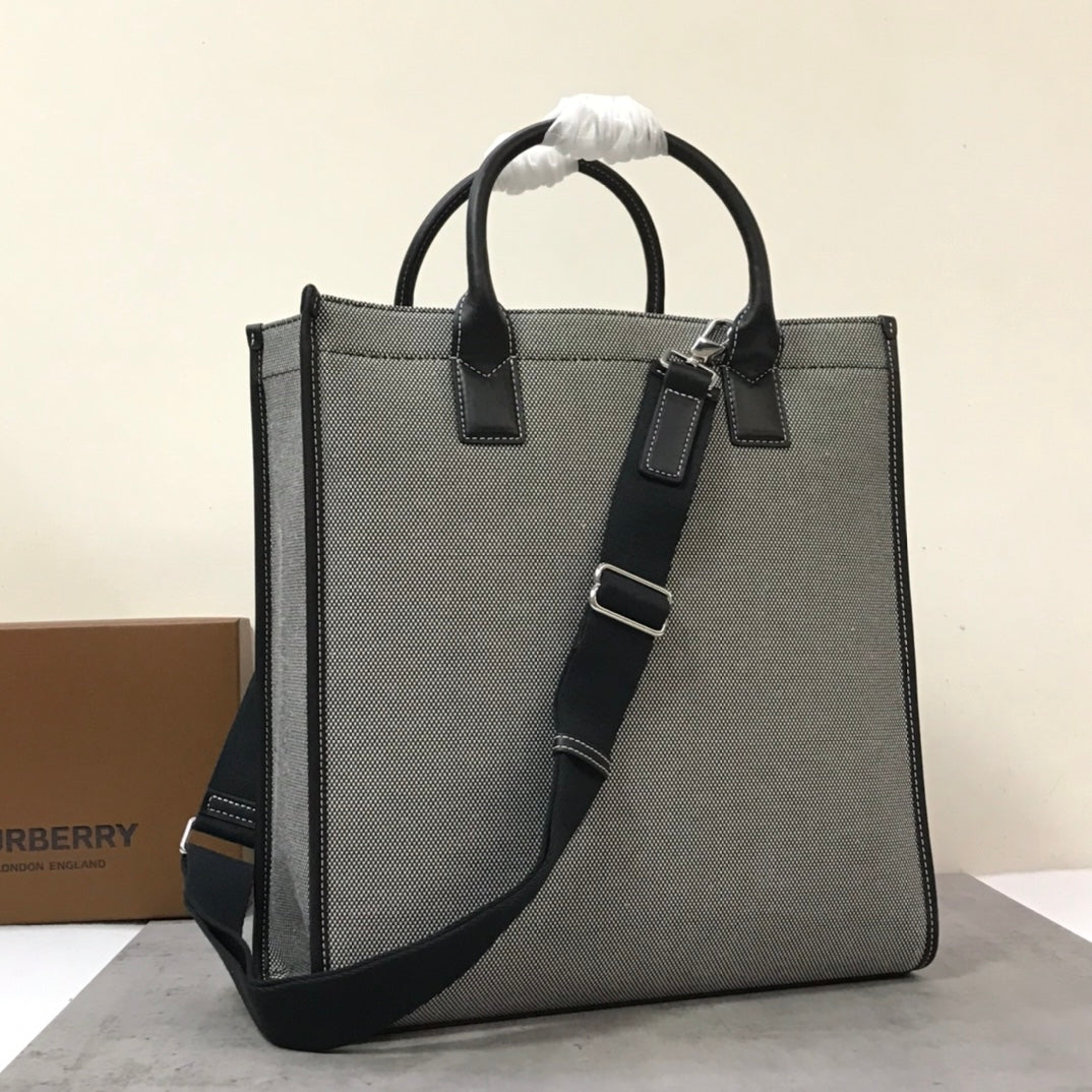 Top Quality Horseferry Print Cotton Canvas Tote Black/Grey For Women, Women’s Bags, Shoulder And Crossbody Bags 14in/ 35.5cm BUR 80508141