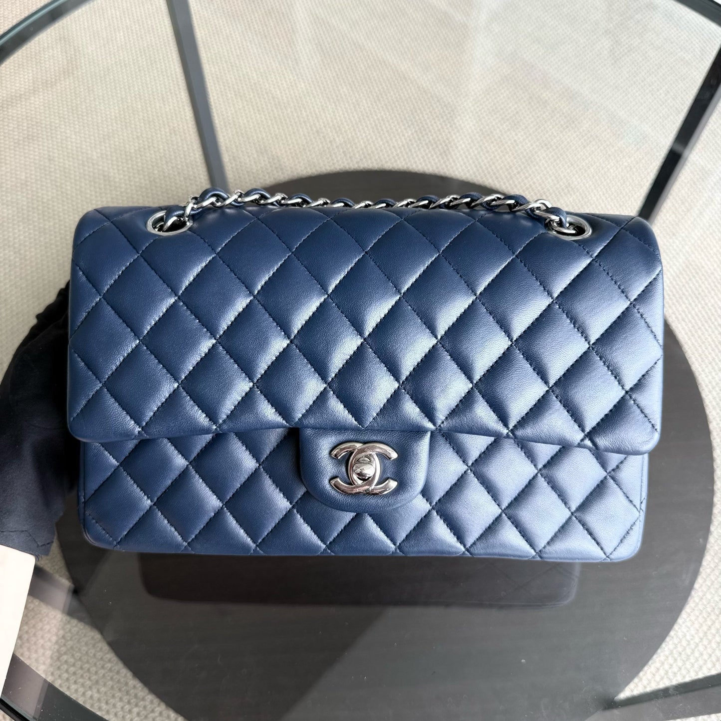 Chanel Classic Flap Medium - 25CM Quilted Lambskin Dark Navy Blue Silver Hardware Series 22
