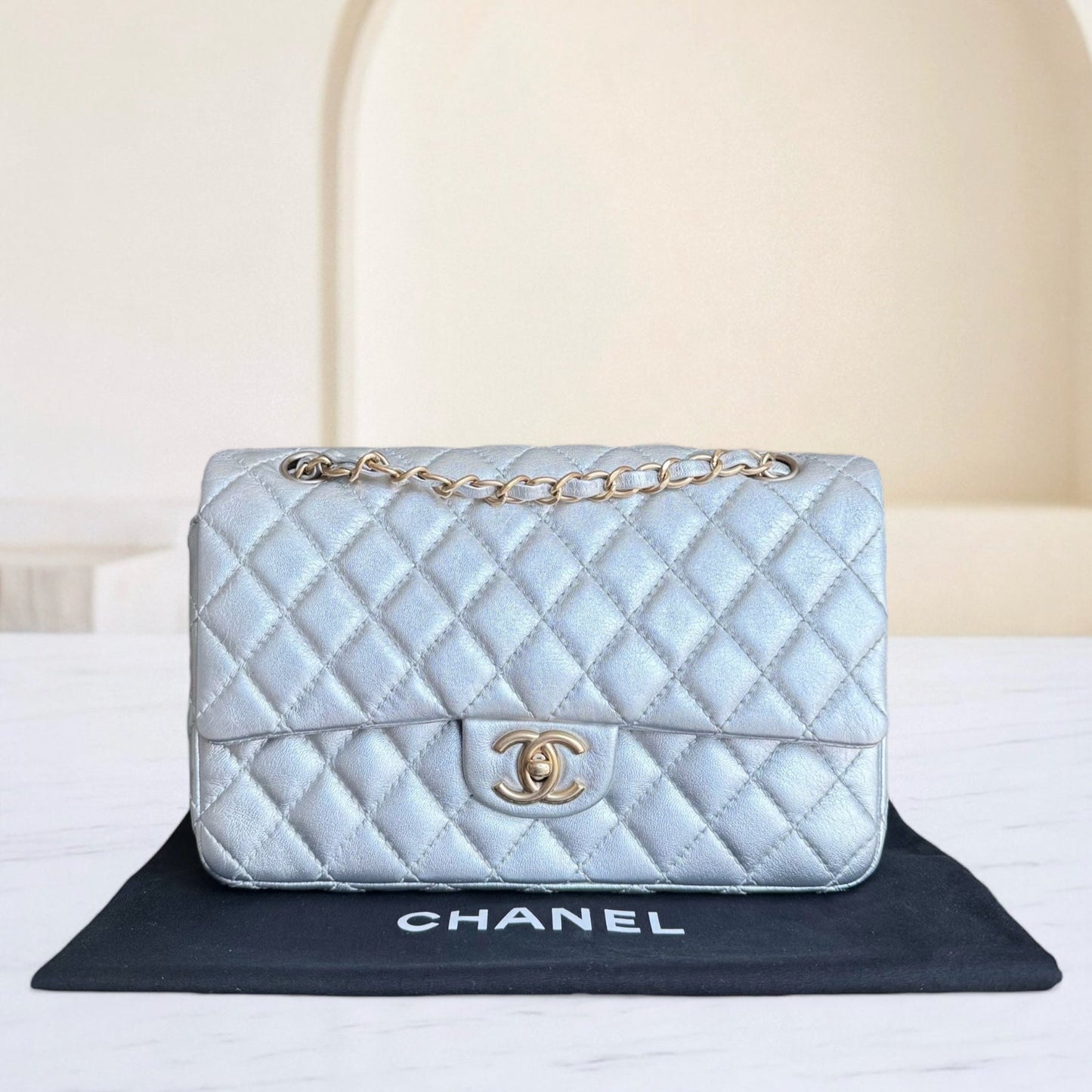 Chanel Classic Flap Medium - 25CM Quilted Lambskin Metallic Silver Gold Hardware Series 12 ( )