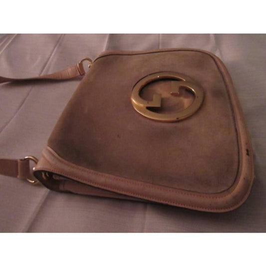light greyish taupe suede and ivory leather, Gucci 'Blondie', saddle bag, envelope top, shoulder bag with a large, open gold 'GG' emblem