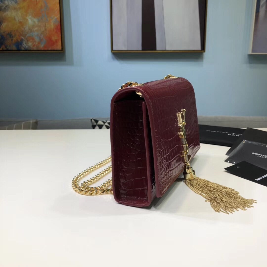Top Quality Kate Small Chain Bag With Tassel In Embossed Burgundy For Women 7.8in/20cm YSL 