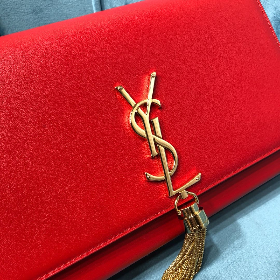 Top Quality Kate MeTop Qualityum Chain Bag With Tassel In Grain De Poudre Red For Women 9.4in/24cm YSL