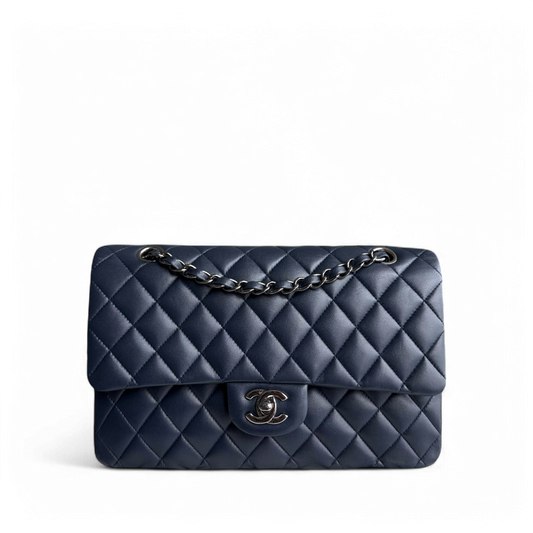 Chanel Classic Flap Medium - 25CM Quilted Lambskin Dark Midnight Blue Silver Hardware Series 18